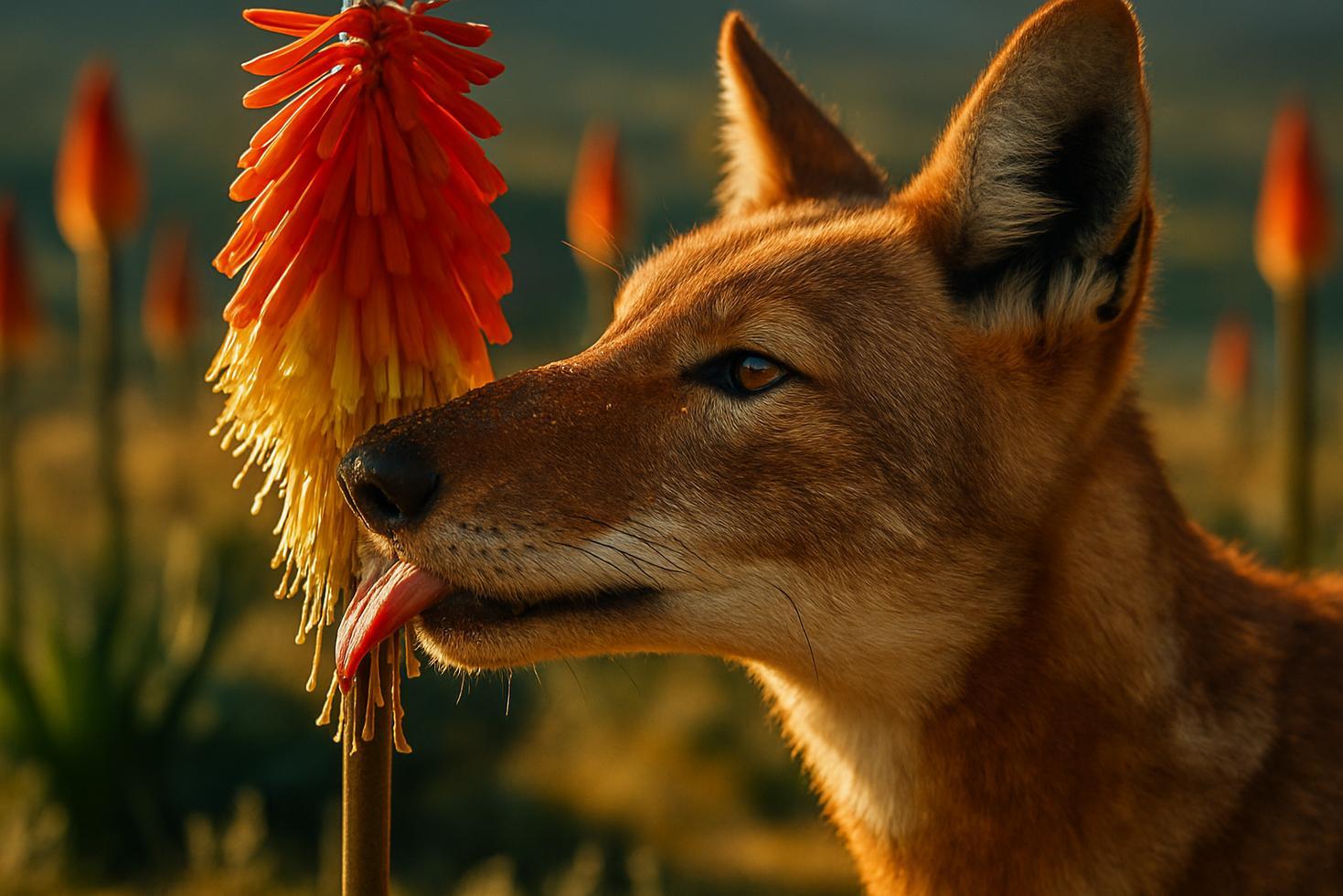 Ethiopian wolf pressing its long slender muzzle into a red Kniphofia foliosa flower spike in alpine meadow, orange pollen visible on snout