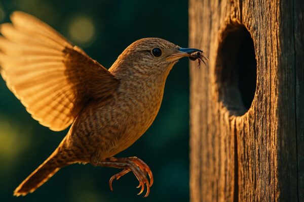 A small house wren perched at the entrance of a wooden nest box, beak full of insects, against a blurred green background.