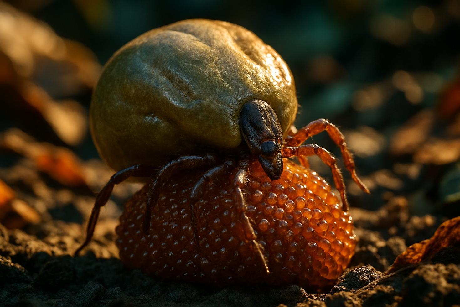 Close-up of a female hard tick surrounded by a dense cluster of tiny amber eggs laid on dry leaf litter.