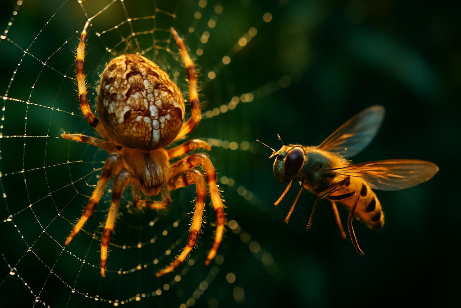 Close-up of an orb-weaver spider web with fine spiral silk threads visibly curving toward a small flying insect mid-approach.