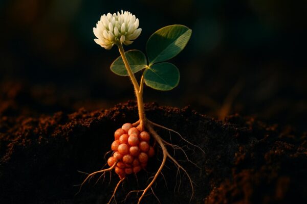 Close-up of white clover roots with small pink-beige nodules clustered along the root strands against dark soil.