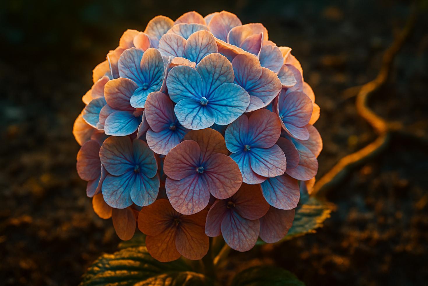 Close-up of hydrangea blooms transitioning from deep blue to pink on a single shrub, with visible soil at the base.