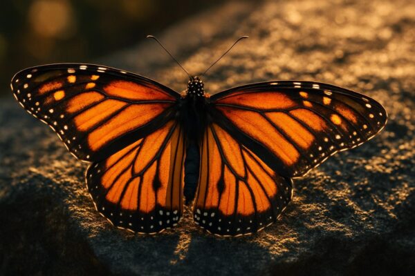 A monarch butterfly with wings spread flat on a sun-warmed dark rock, basking in early morning light.