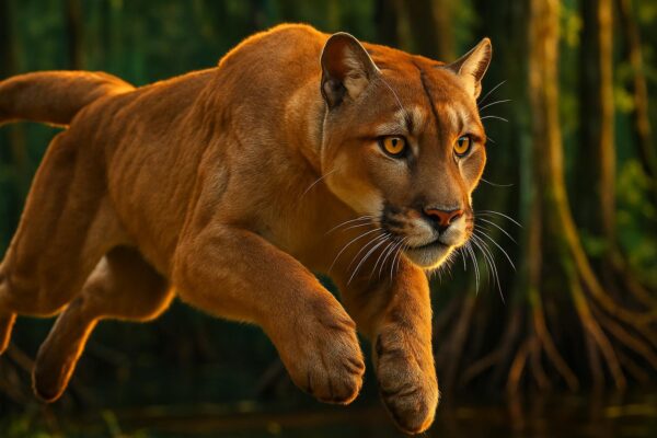 A Florida panther walking through dense saw palmetto scrub in South Florida, photographed at ground level.
