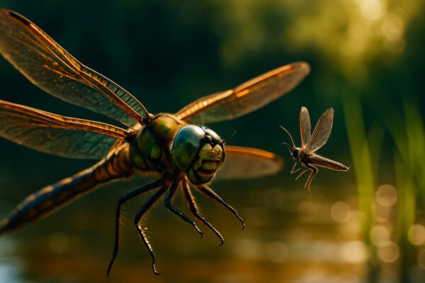 Close-up of a dragonfly in flight against a blurred sky, wings fully extended, body angled slightly downward during a hunt.
