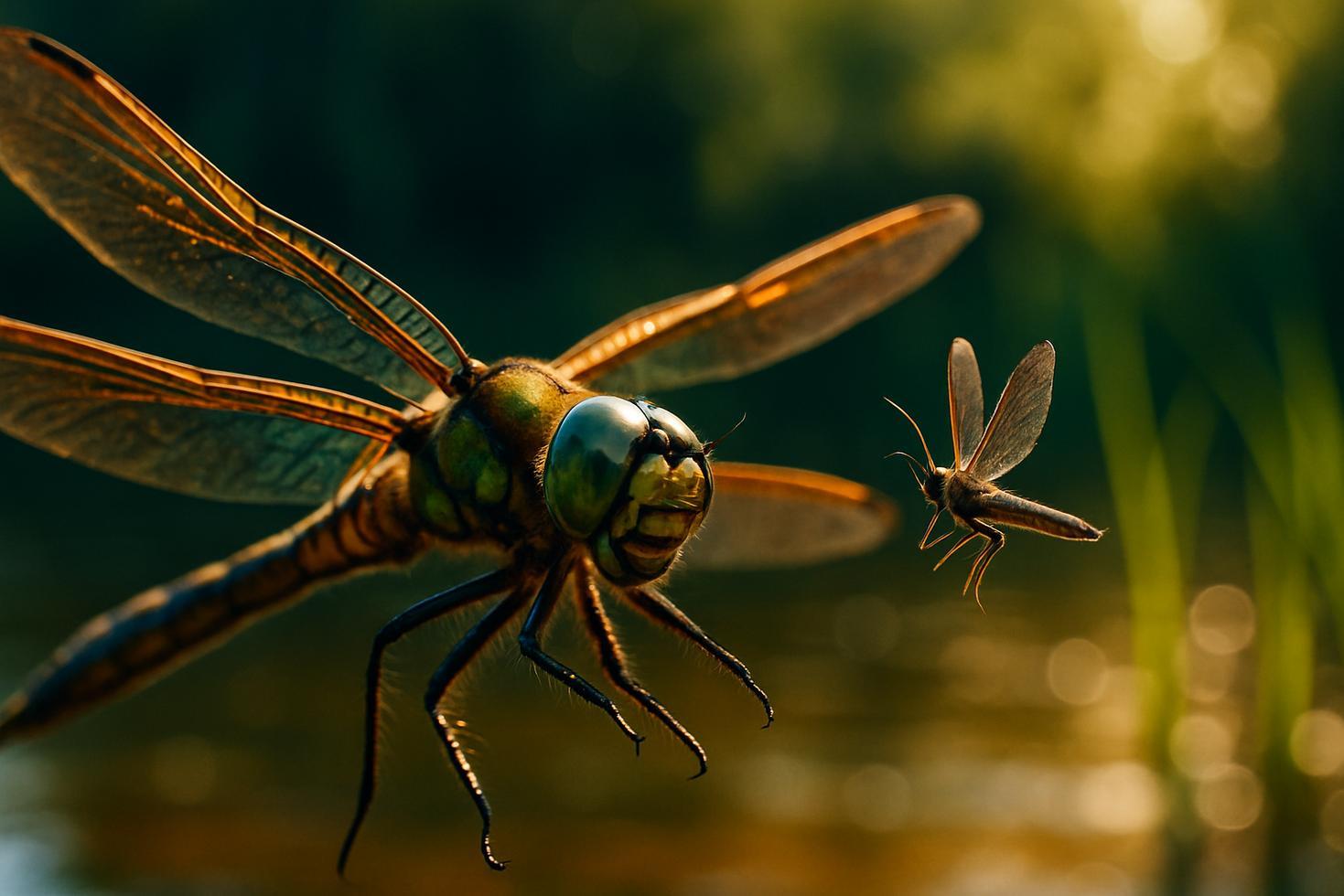 Close-up of a dragonfly in flight against a blurred sky, wings fully extended, body angled slightly downward during a hunt.