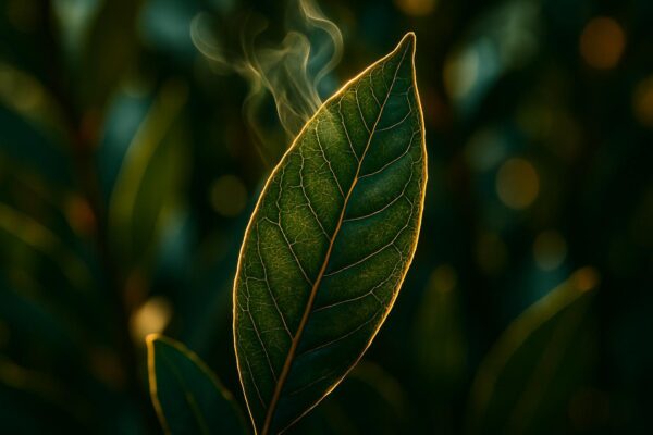 Dried bay leaves scattered on a wooden surface next to a small glass bottle of pale yellow essential oil