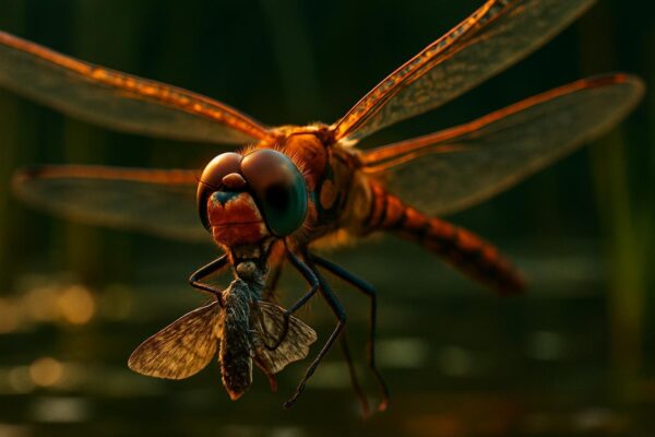 Close-up of a dragonfly perched on a stem, its large compound eyes and four veined wings visible in sharp detail.