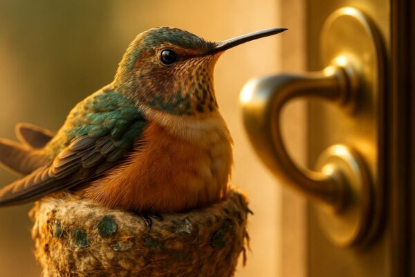 A tiny hummingbird nest built on a hotel door handle, with a small bird sitting motionless inside the cup-shaped structure.