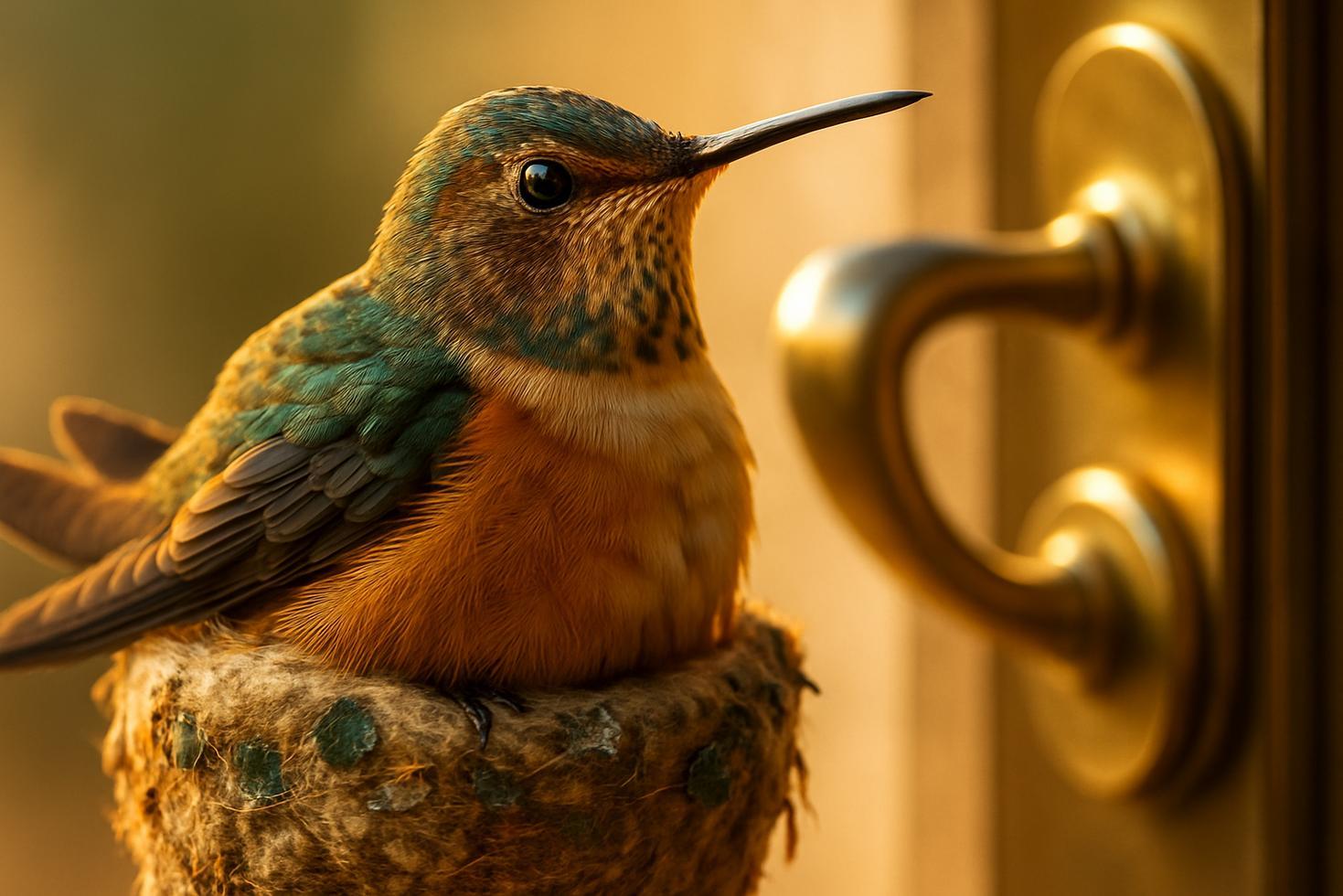 A tiny hummingbird nest built on a hotel door handle, with a small bird sitting motionless inside the cup-shaped structure.