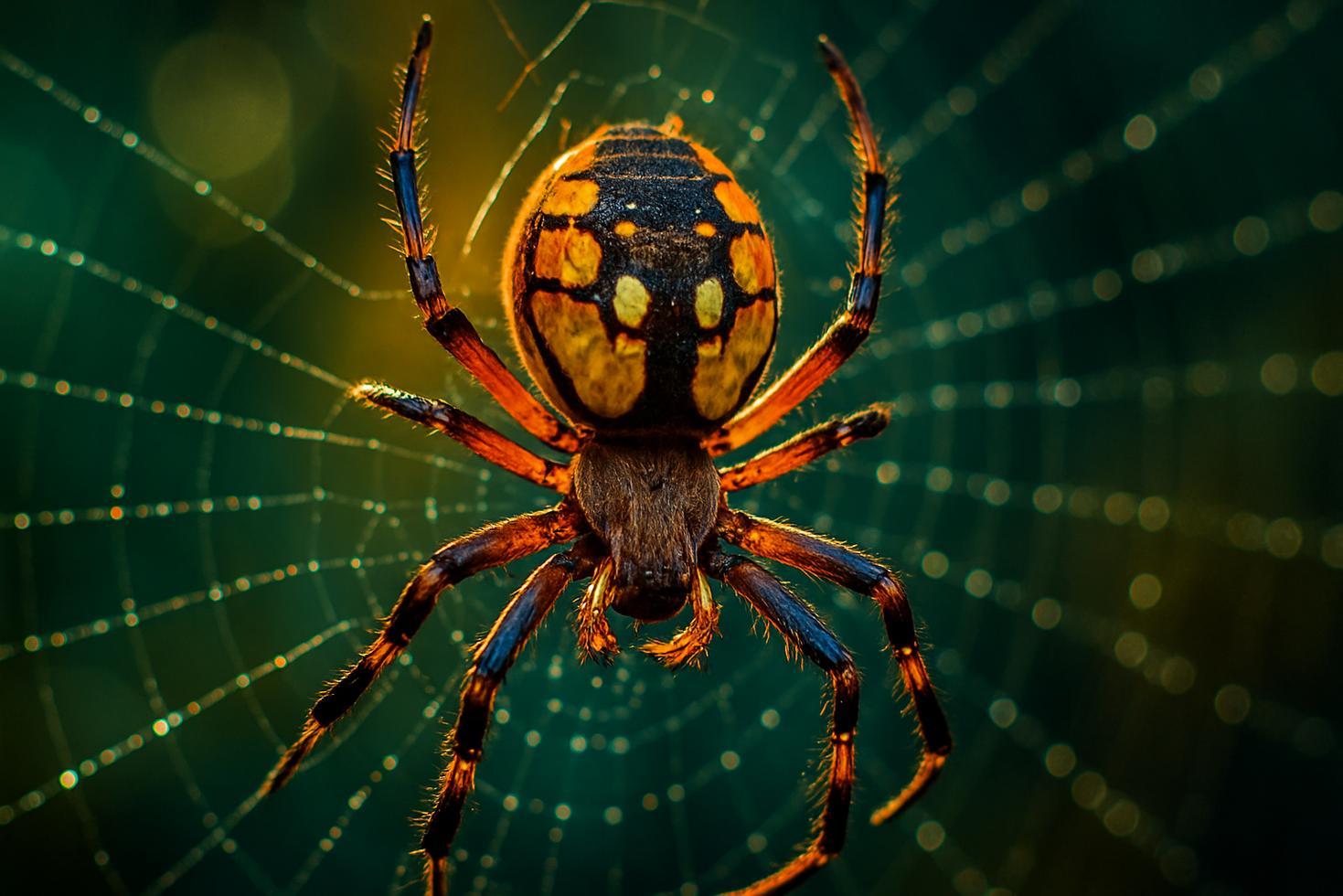 Close-up of an Argiope orb weaver spider on a dew-covered radial web against a blurred green background.
