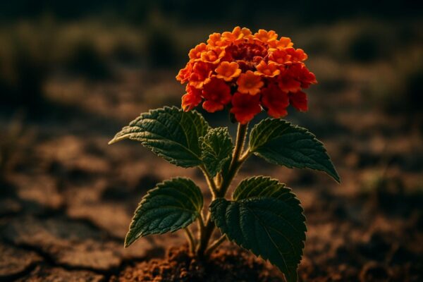 Close-up of bright orange and yellow lantana flower clusters against deep green foliage in dry summer garden conditions.