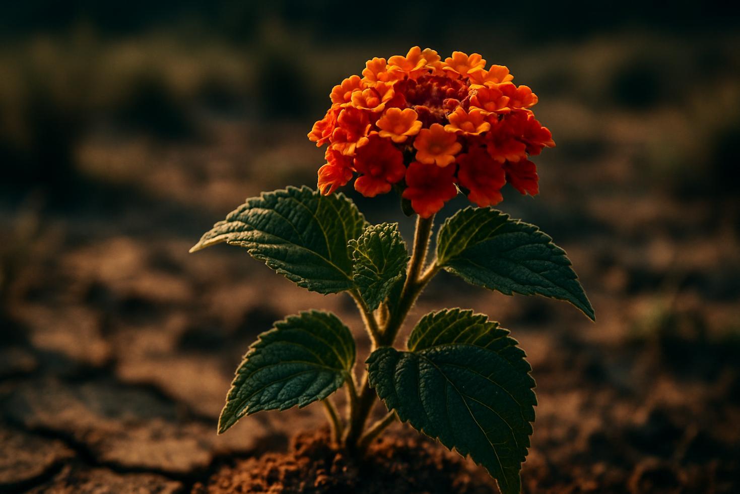 Close-up of bright orange and yellow lantana flower clusters against deep green foliage in dry summer garden conditions.
