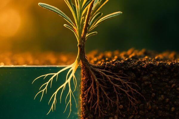 Close-up of two lavender cuttings side by side, one with long thin white water roots and one with dense fibrous soil roots.