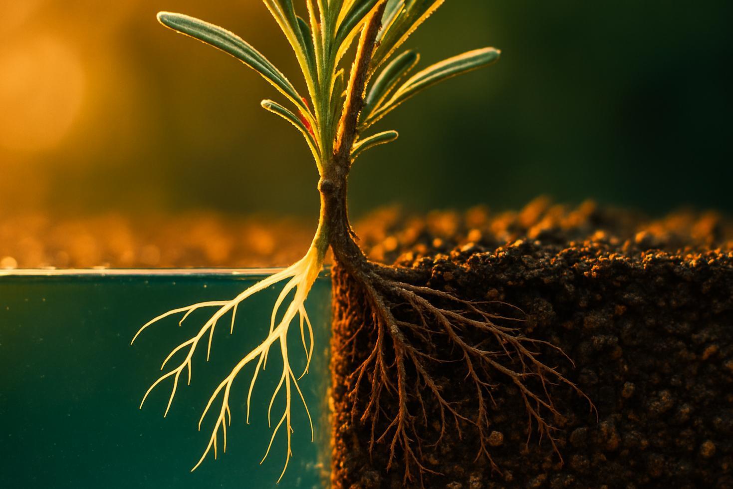 Close-up of two lavender cuttings side by side, one with long thin white water roots and one with dense fibrous soil roots.