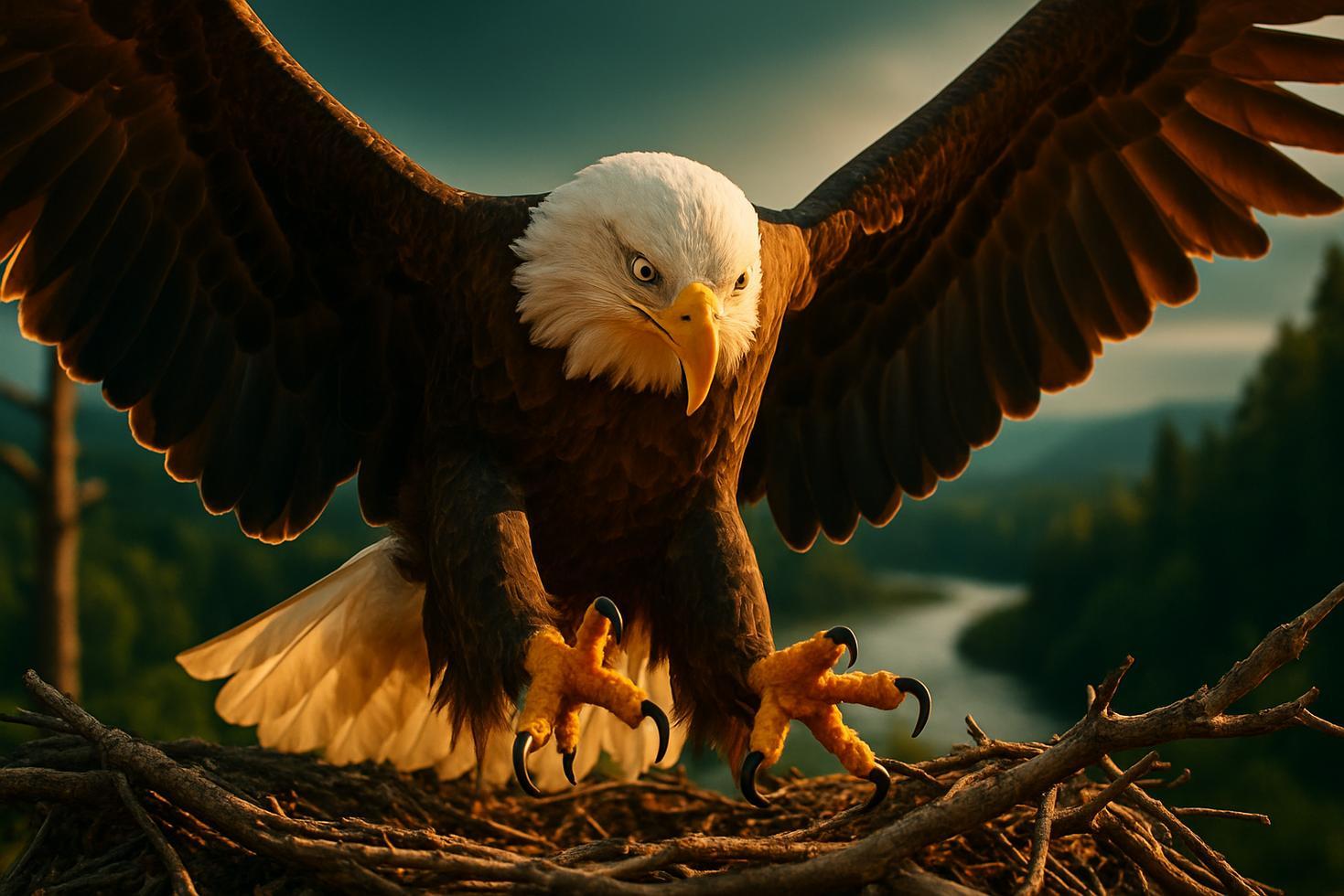 A bald eagle perched on a nest with eaglets, surrounded by tall conifers against a clear blue sky.