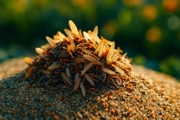 Small wildflower seeds mixed with pale coarse sand in an open palm, ready for broadcast sowing over bare soil.