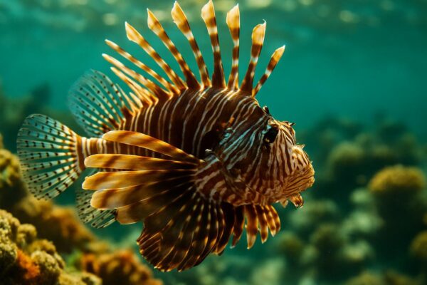 A diver holds a speared lionfish near a colorful Florida coral reef, with native reef fish visible in the background.