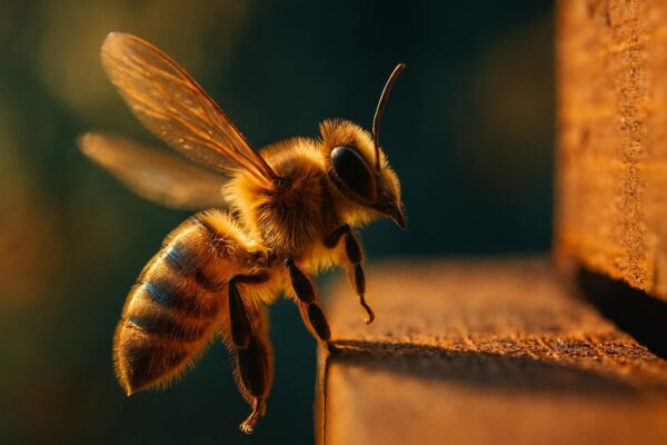 Close-up of honey bees fanning at a hive entrance in bright summer heat, wings blurred with motion.