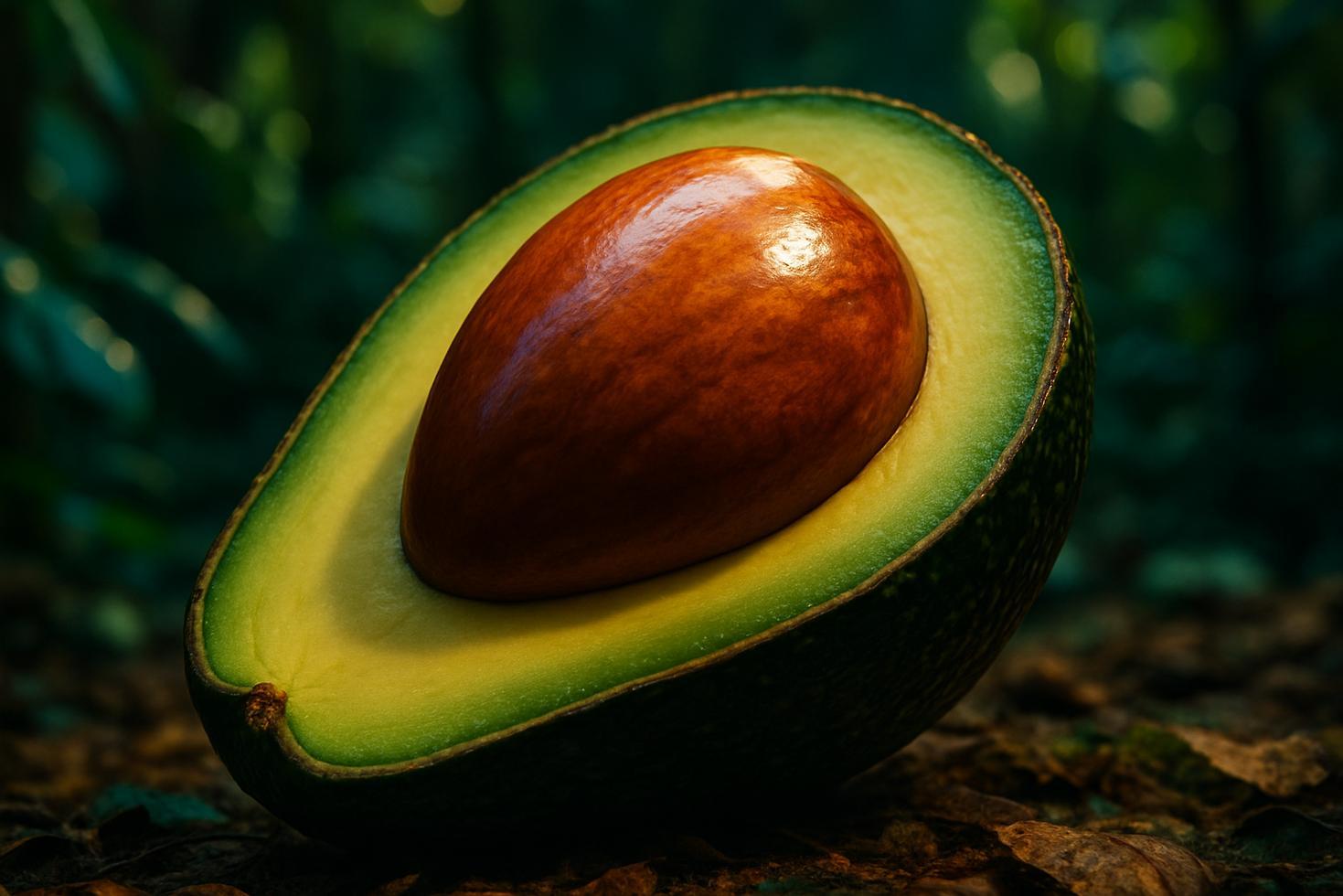 Cross-section of a modern avocado showing the large round pit beside a small 2 cm seed replica on a wooden surface.