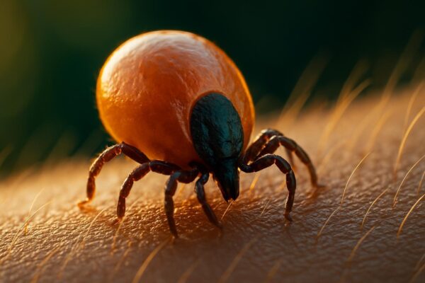 Close-up of a blacklegged tick nymph on human skin, showing its poppy-seed size and nearly transparent body.