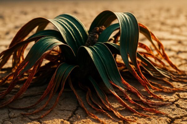 Ancient Welwitschia plant sprawling across red Namib Desert gravel, its two original leaves shredded into dozens of ribbon-like strips.