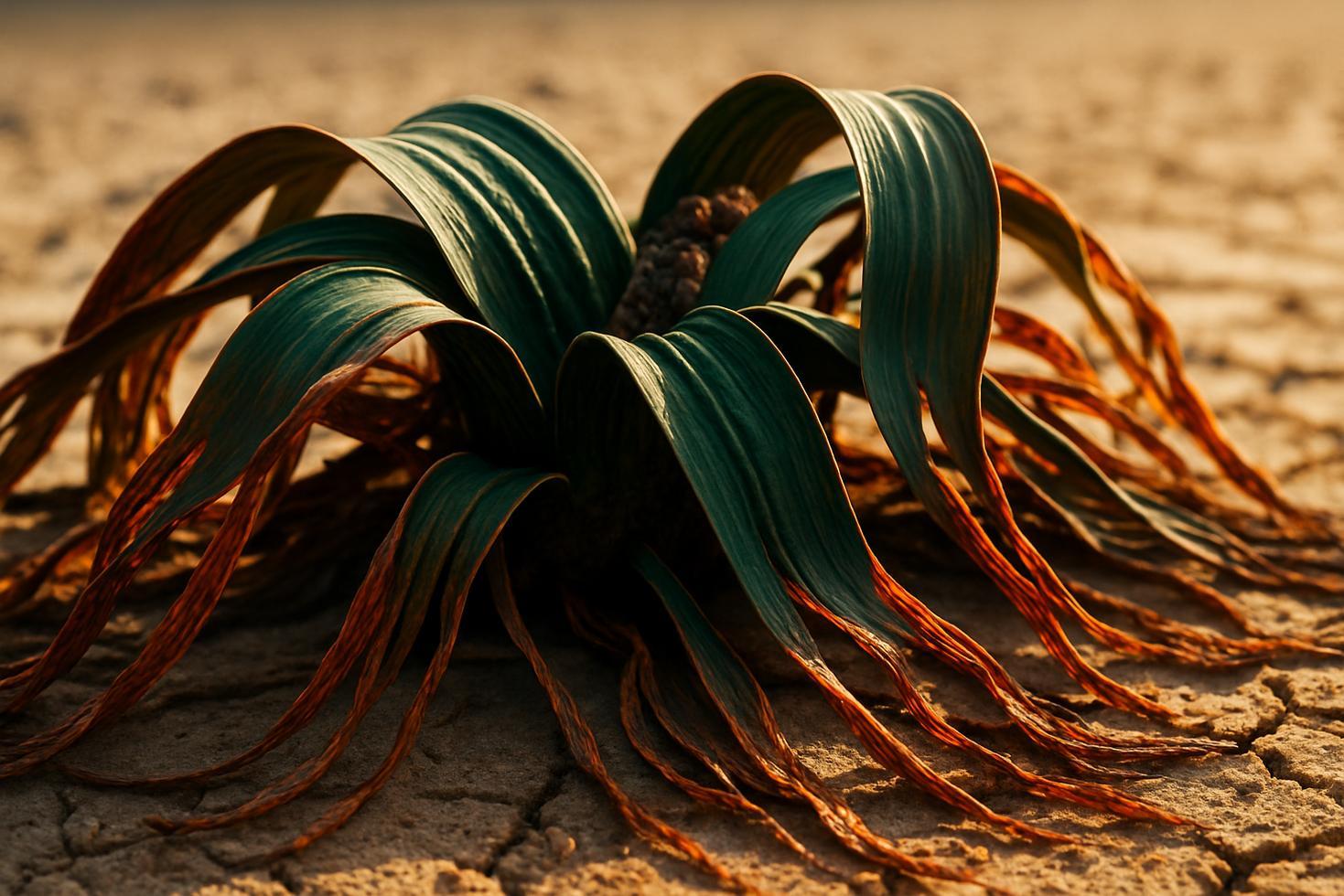 Ancient Welwitschia plant sprawling across red Namib Desert gravel, its two original leaves shredded into dozens of ribbon-like strips.