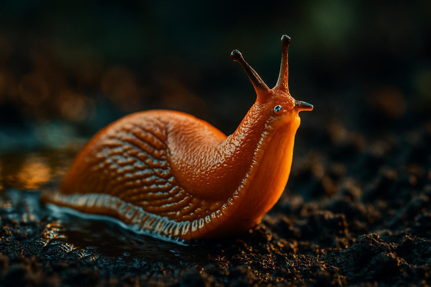 Close-up of a slug moving across dark soil near scattered coffee grounds and crushed eggshells in a garden bed.