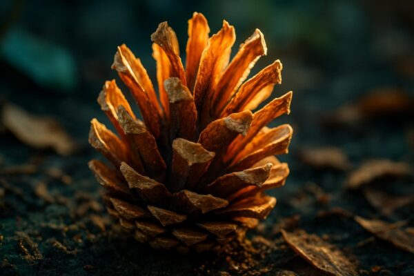 Close-up of a brown pine cone with scales slightly separated, resting on dark compost soil surrounded by leaf litter.
