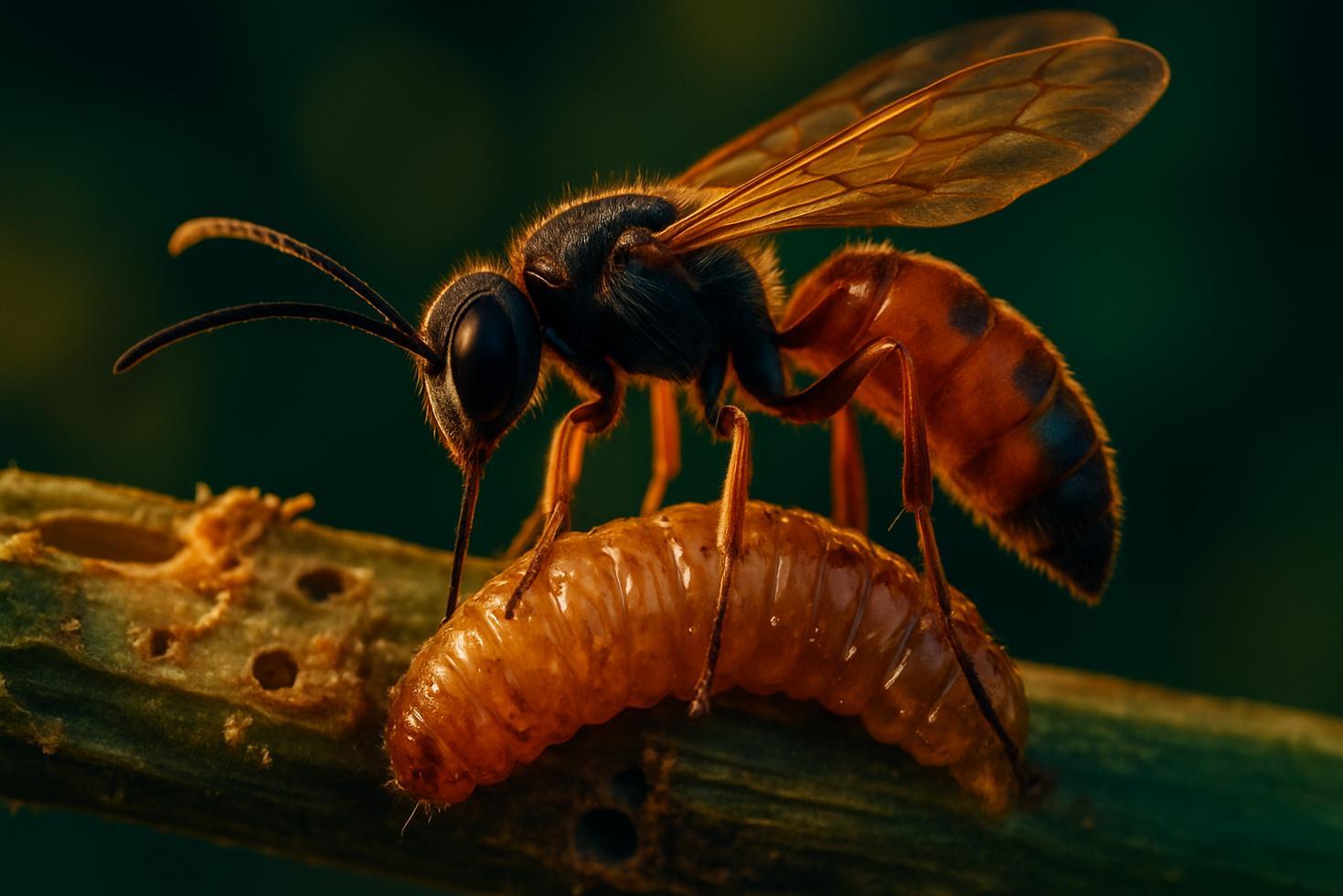 A close-up of a small parasitic wasp on a green leaf inside a laboratory quarantine containment facility.