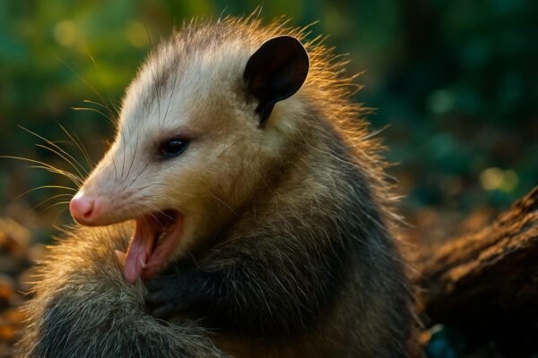 A Virginia opossum with gray-white fur and a pink nose photographed close up against a dark background.