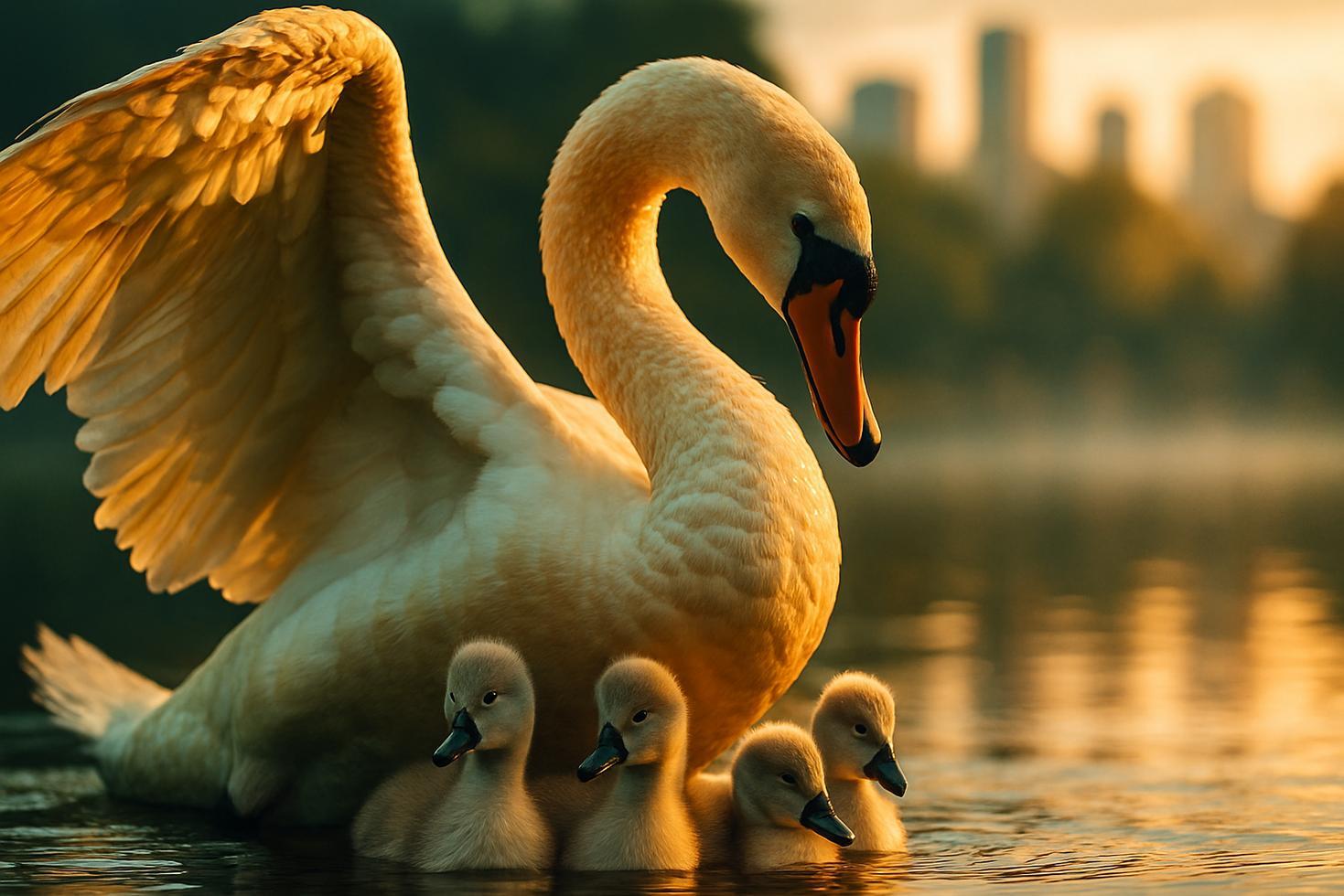 A lone mute swan cob on calm water, three gray-brown cygnets swimming close beside him in a tight cluster.