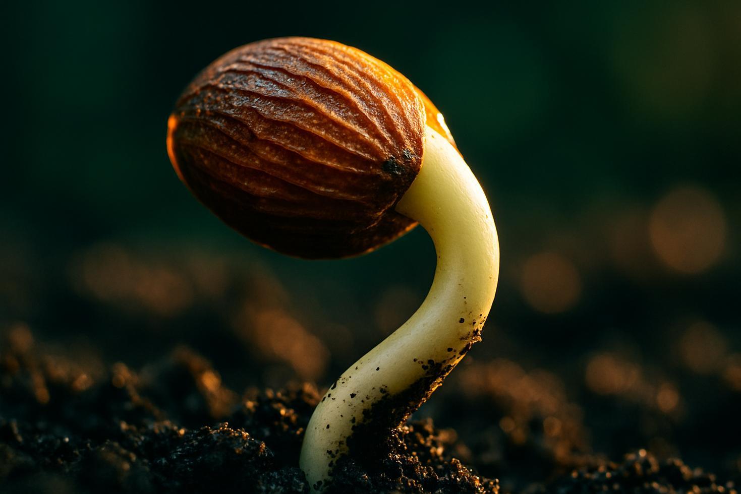Close-up of a pale seed cracking open to reveal a white root tip emerging into dark soil.