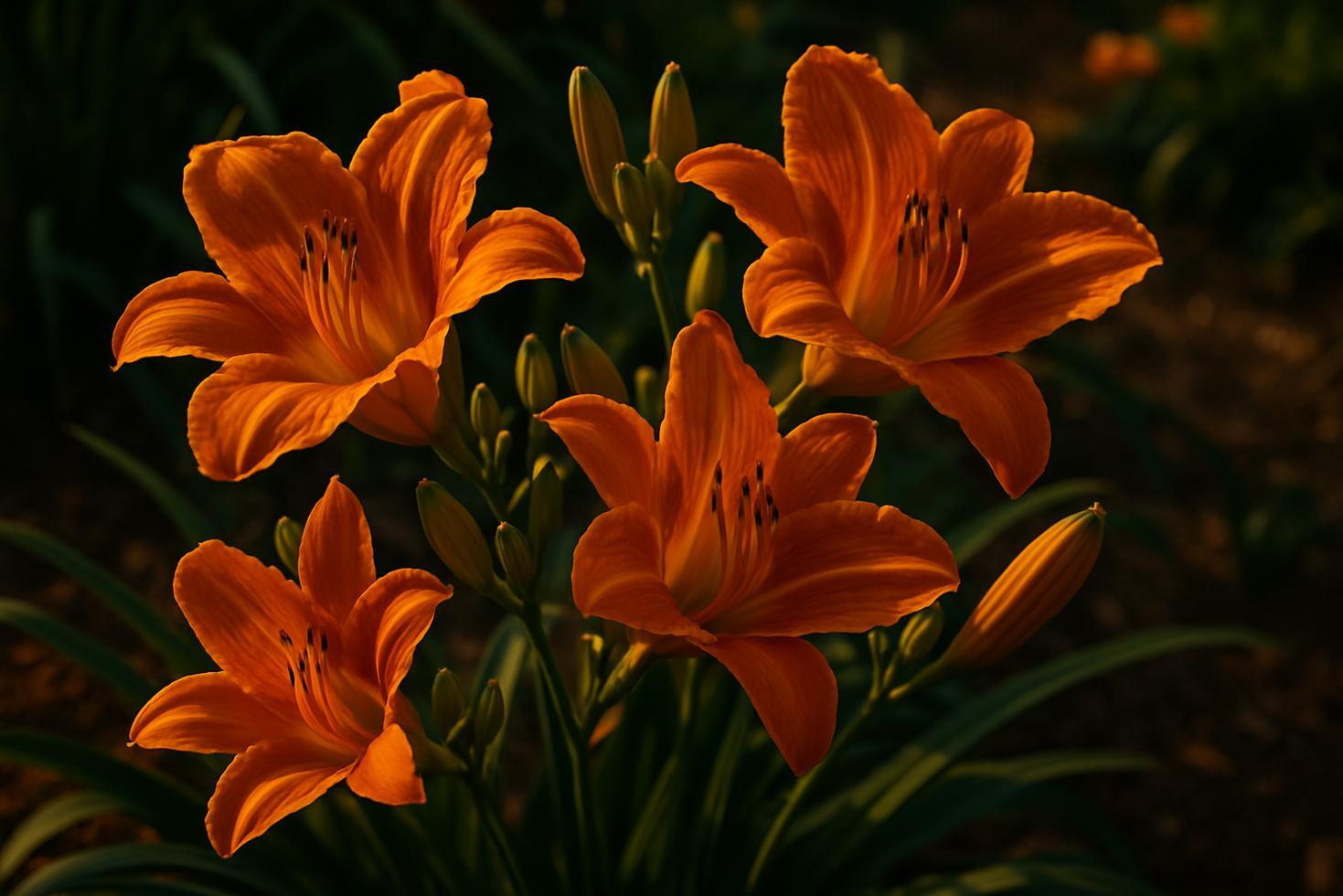 Established daylily clump with dozens of orange blooms at various stages of opening along tall green scapes in a summer garden.
