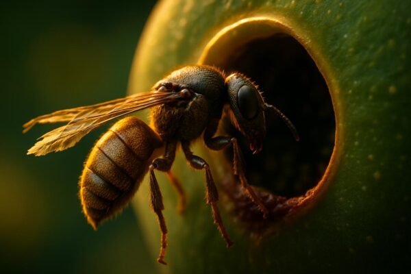 Close-up of a female fig wasp entering the narrow ostiole opening at the tip of a green fig syconium.