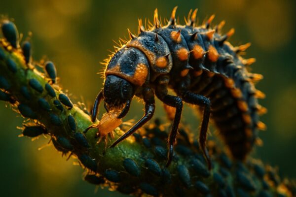 Close-up of a spiky black and orange lady beetle larva on a green leaf beside a spotted adult ladybug