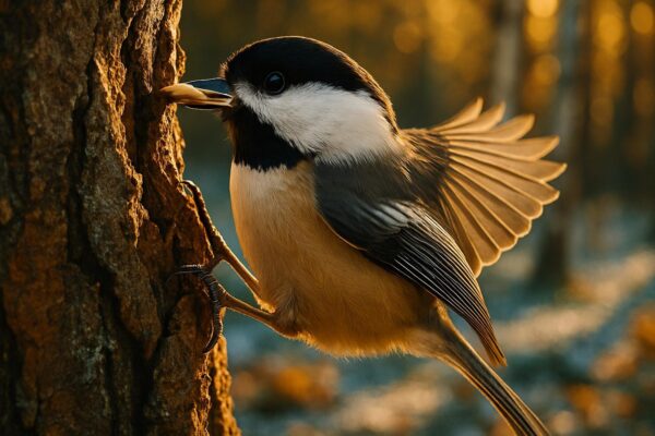 A black-capped chickadee perched on a snowy branch, holding a sunflower seed in its beak against a winter background.