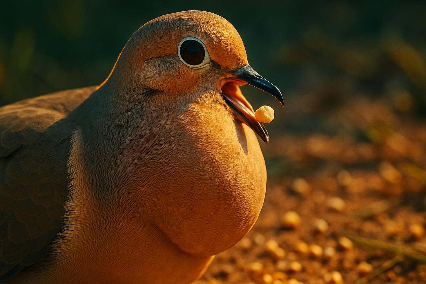 A mourning dove standing on bare ground, head tilted down, picking up small seeds with its bill.