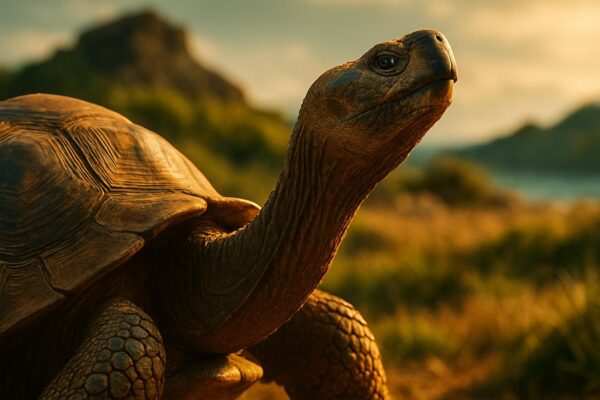 An elderly giant tortoise with a weathered shell resting on green grass at Plantation House, Saint Helena.
