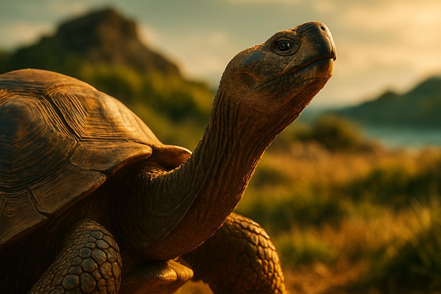An elderly giant tortoise with a weathered shell resting on green grass at Plantation House, Saint Helena.