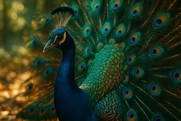 Close-up of a peacock feather barbule showing iridescent blue-green coloration against a dark background