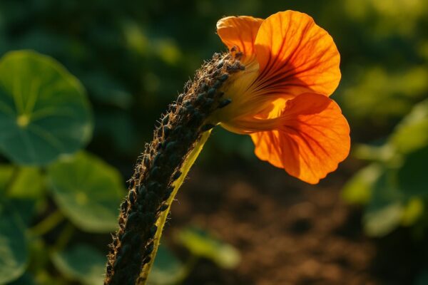 A nasturtium plant with bright orange flowers covered in a dense cluster of small green aphids on the stems and leaves.