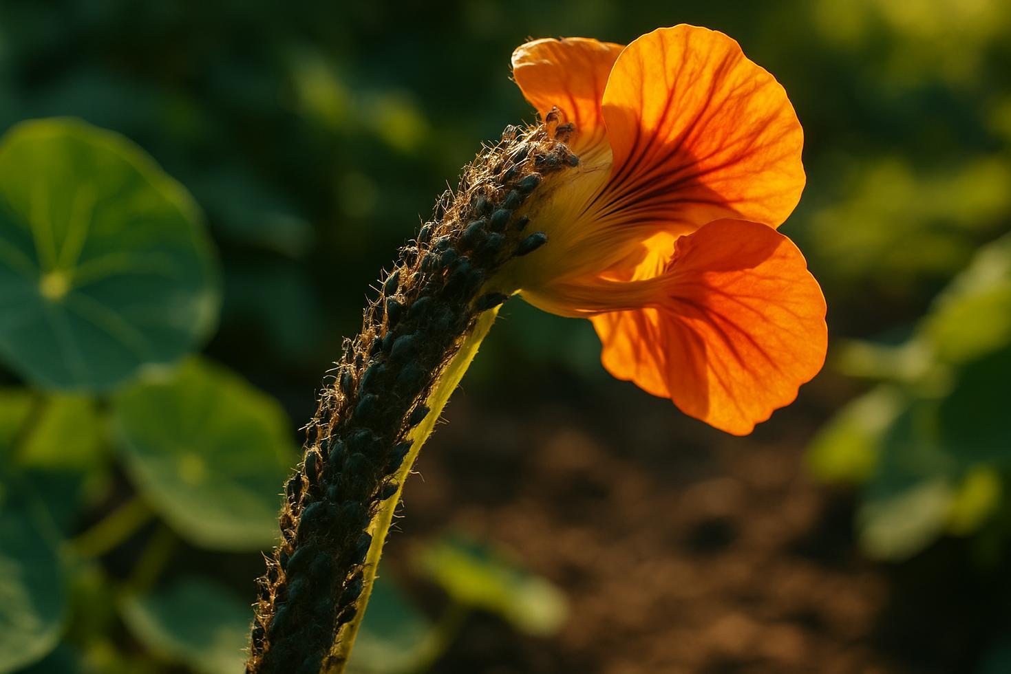 A nasturtium plant with bright orange flowers covered in a dense cluster of small green aphids on the stems and leaves.