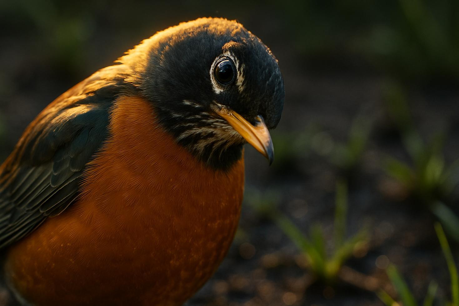 American robin standing on green lawn with head tilted sideways, one eye angled toward the ground