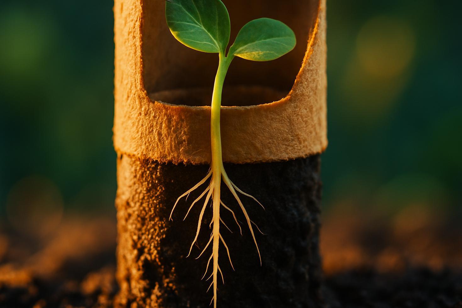A cardboard toilet-paper tube filled with compost standing upright, showing a seedling with roots visible at the open bottom.