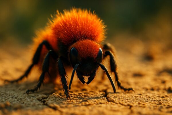Close-up of a red and black fuzzy velvet ant crawling across dry sandy ground in bright sunlight.