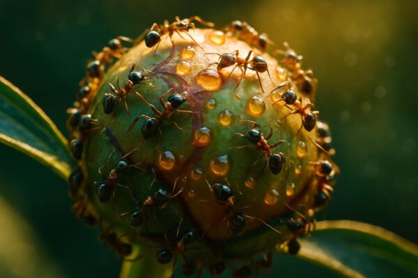 Close-up of a pink peony bud covered in small black ants feeding on glistening droplets along the sepal surface.