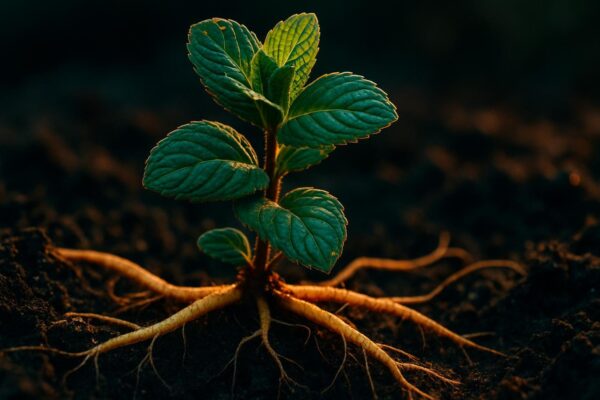 Close-up of mint stolons and rhizomes spreading horizontally through dark garden soil beneath a bed of green mint plants.