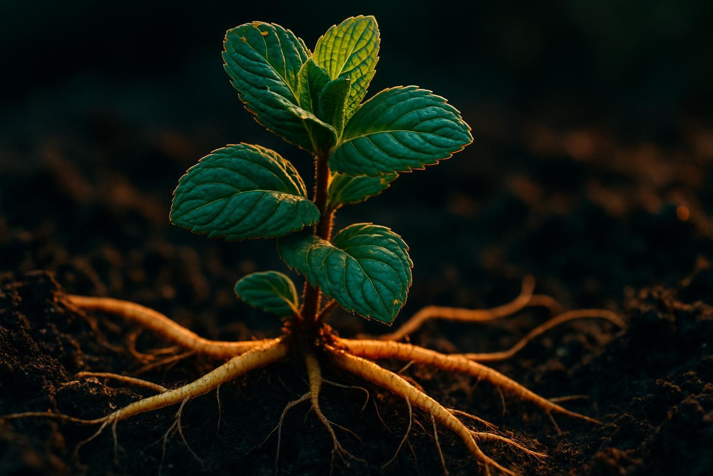 Close-up of mint stolons and rhizomes spreading horizontally through dark garden soil beneath a bed of green mint plants.