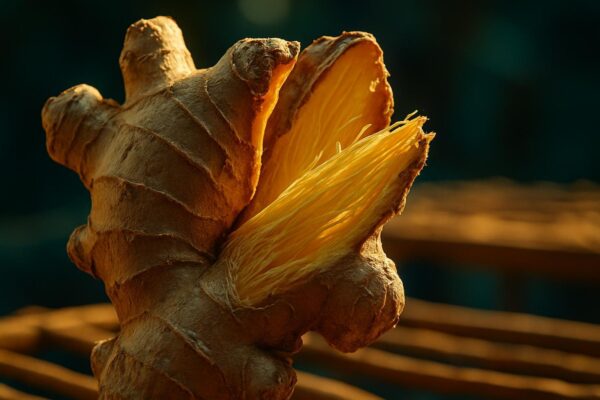 Cross-section of a dried ginger rhizome alongside a fresh cut root showing contrasting pale yellow and fibrous textures.